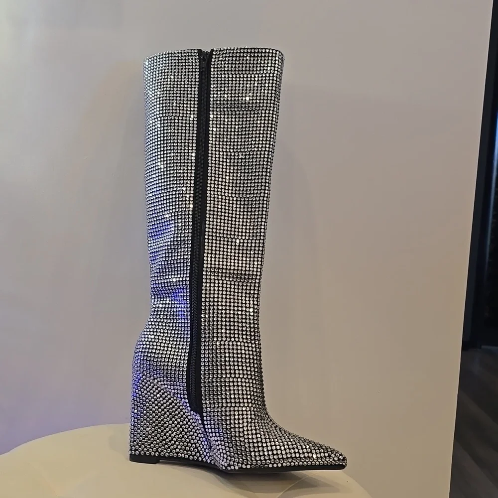 Gianna Bini Wedge Heel Rhinestone Knee High Silver BOOTS Disco Ball Cinderella - Picture 4 of 7